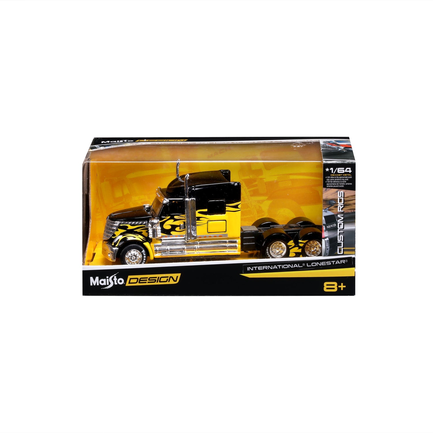 Camión Maisto internacional Lonestar negro y amarillo con remolque, vista frontal