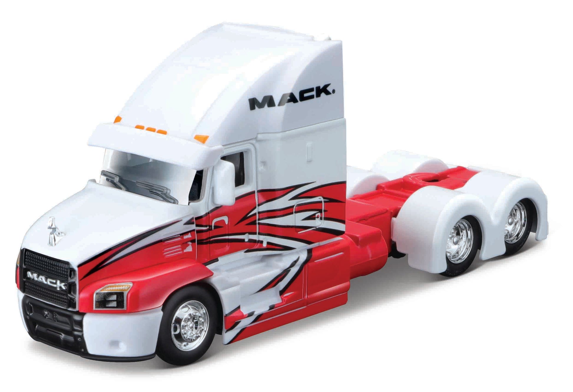 Camión Mack rojo y blanco, vista lateral, ideal para remolque