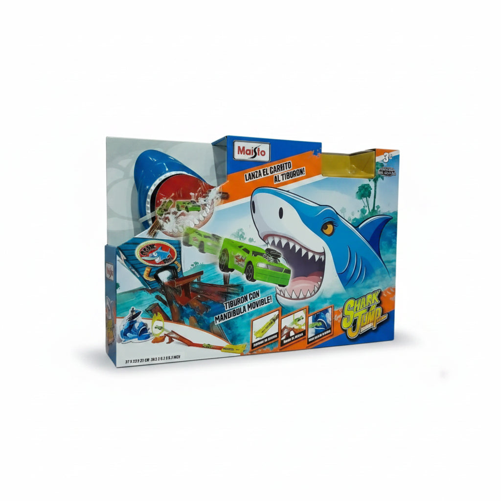 Juego de pista Shark Jump de Maisto, color azul, vista frontal con lanza carrito