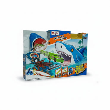 Juego de pista Shark Jump de Maisto, color azul, vista frontal con lanza carrito