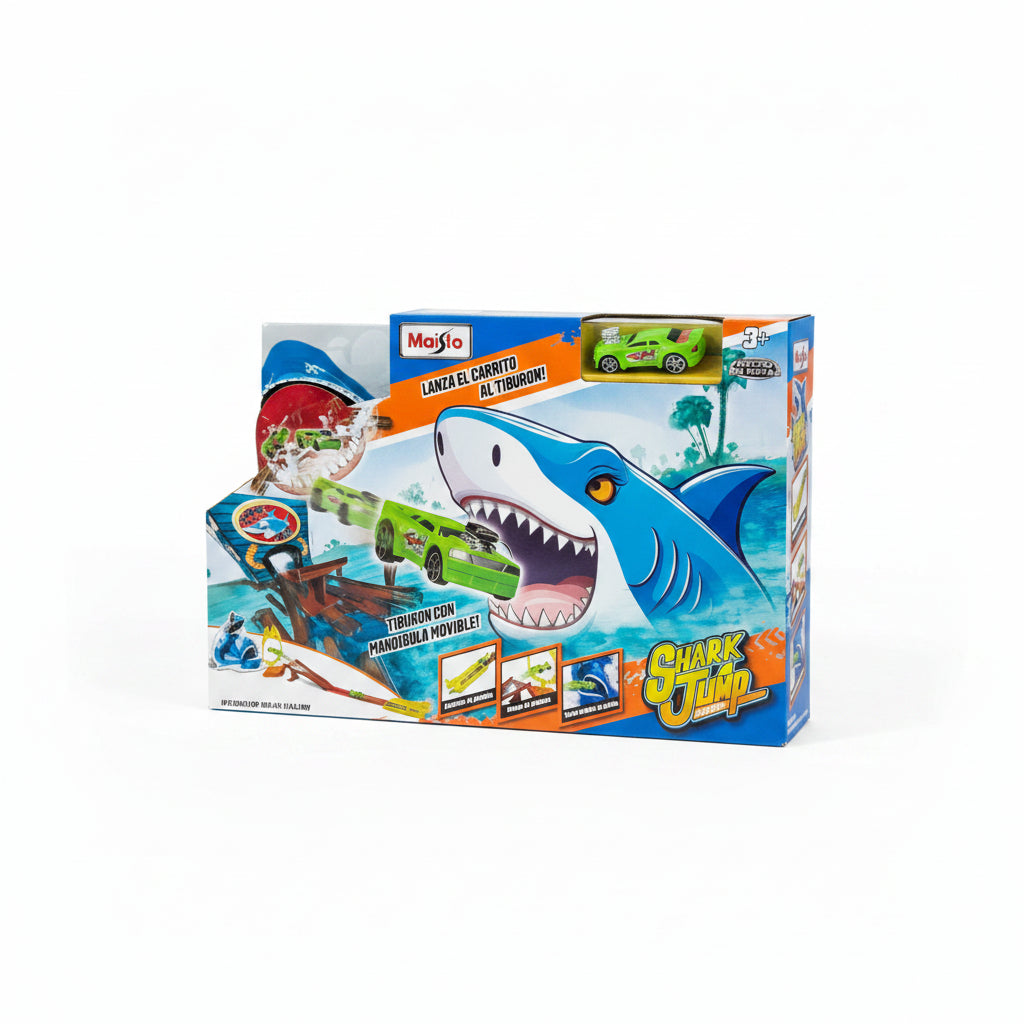 Pista de lanzamiento Shark Jump de Maisto, con tiburón y coche verde, juego divertido