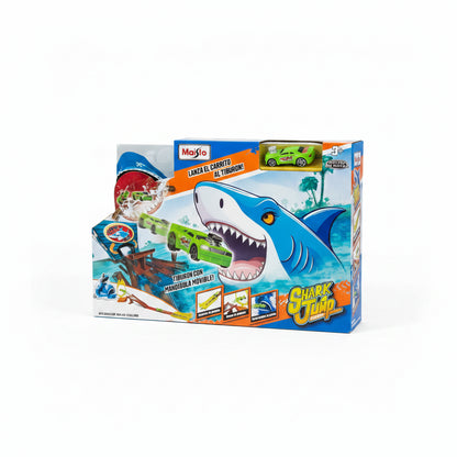 Pista de lanzamiento Shark Jump de Maisto, con tiburón y coche verde, juego divertido