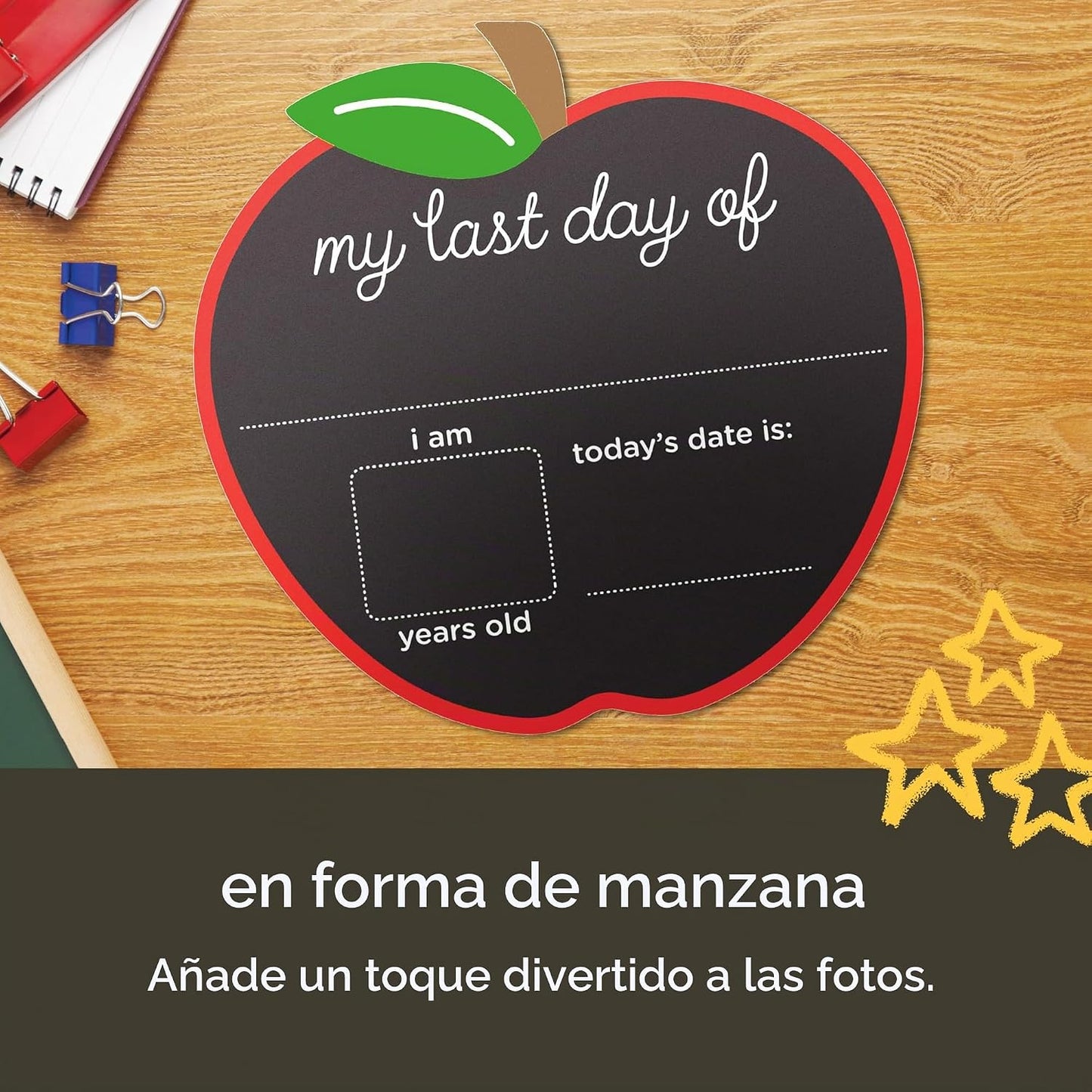 Cartel de pizarra en forma de manzana, para el último día de clase, con espacio para información