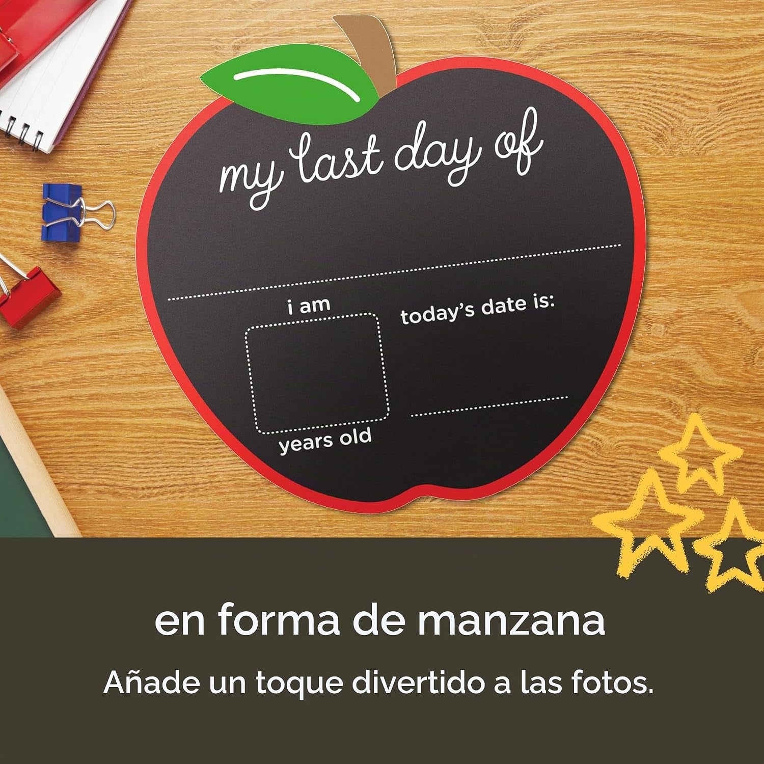 Cartel de pizarra en forma de manzana, para el último día de clase, con espacio para información