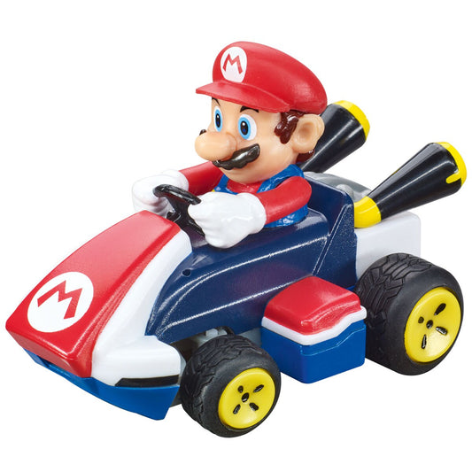 Figura Mario Bros. en kart rojo, vista frontal con detalles de ruedas