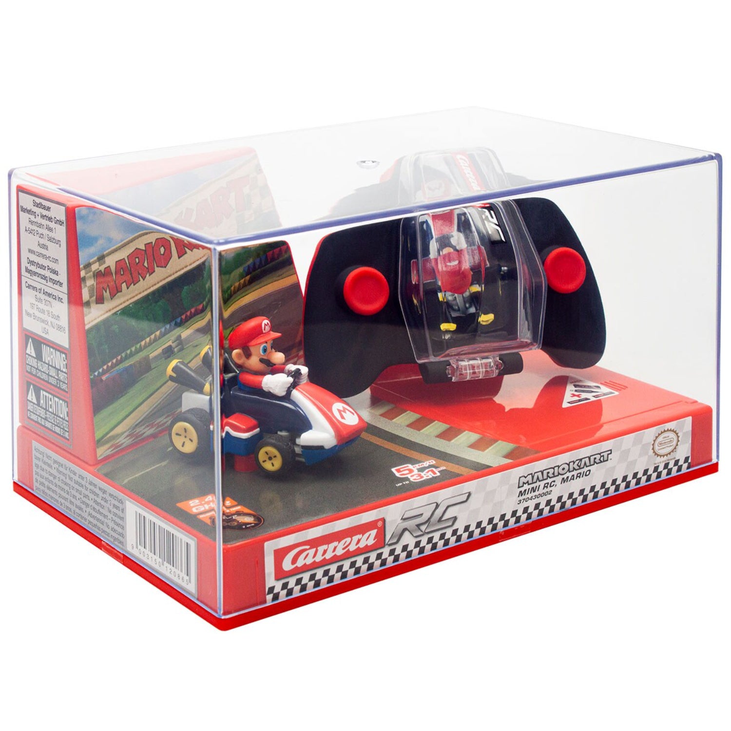 Mario Bros. kart RC rojo con control remoto, vista frontal en caja