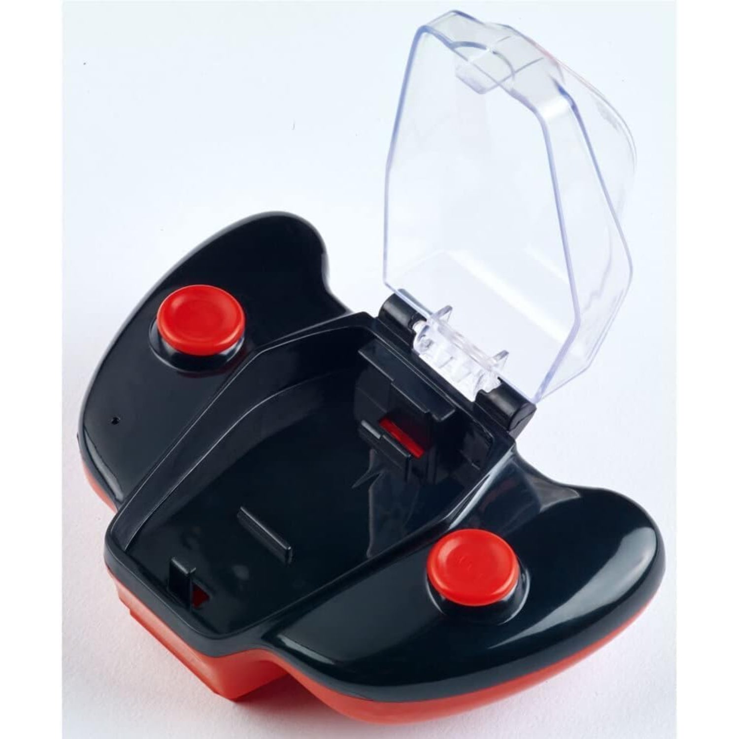 Control remoto negro y rojo frontal, ideal para juguetes o dispositivos electrónicos