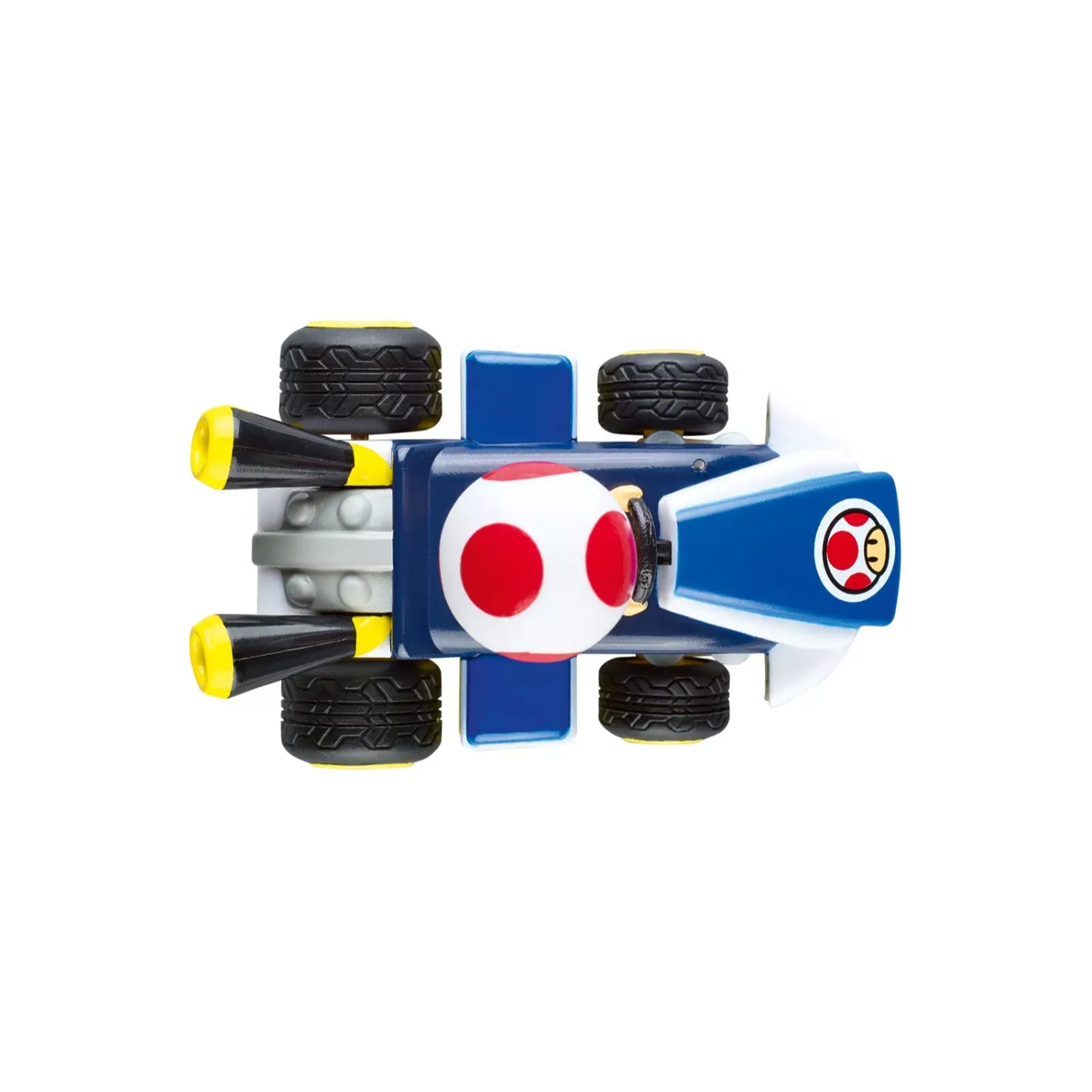 auto de carreras azul con figura, vista superior, juguete divertido