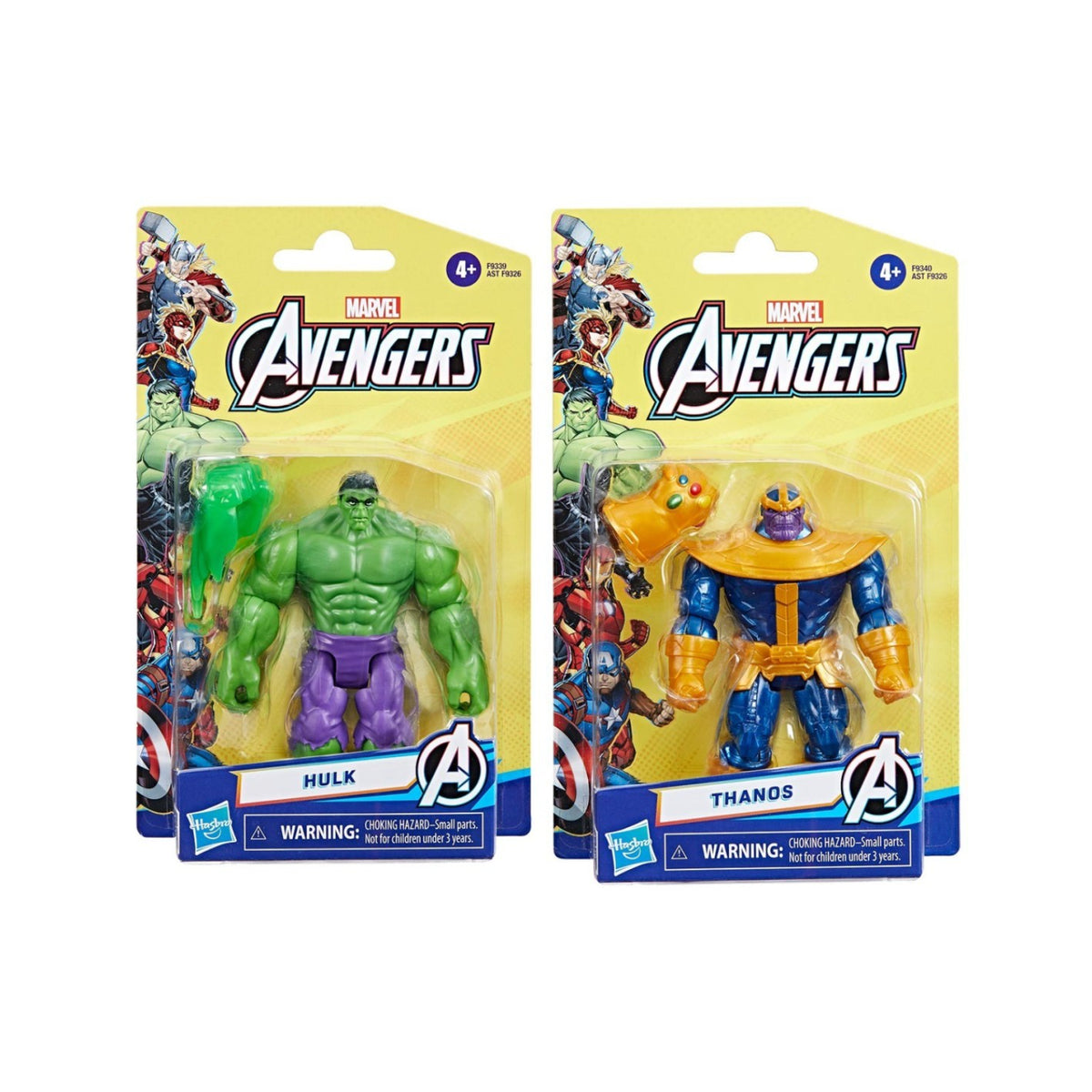 Figuras de acción Hulk y Thanos de Marvel Avengers, vistas frontales en empaque