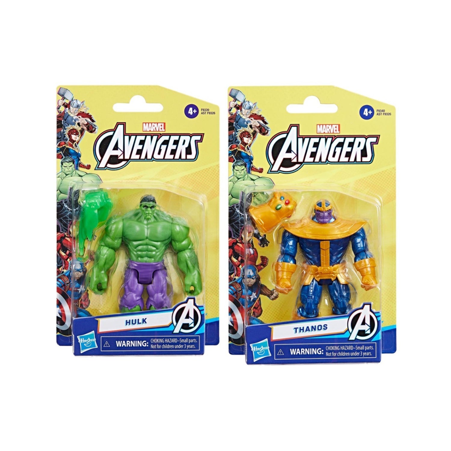 Figuras de acción Hulk y Thanos de Marvel Avengers, vistas frontales en empaque