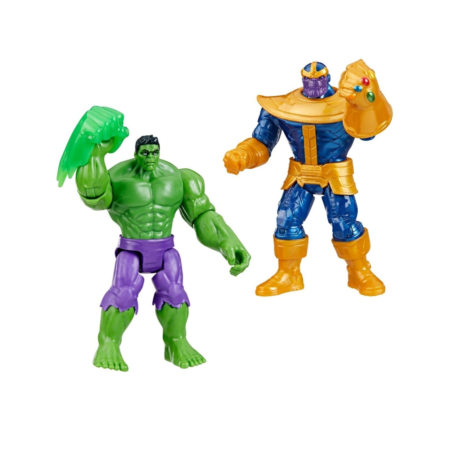 Figuras de acción Hulk y Thanos, color verde y azul, con detalles de superhéroes y villanos