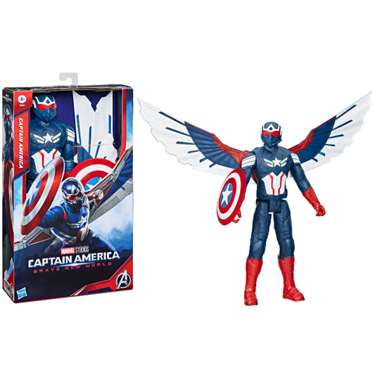Figura Capitán América con alas, vista frontal y caja de Marvel.