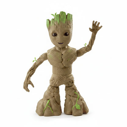 Figura Groot de Hasbro en color marrón con hojas verdes, vista frontal y divertida pose