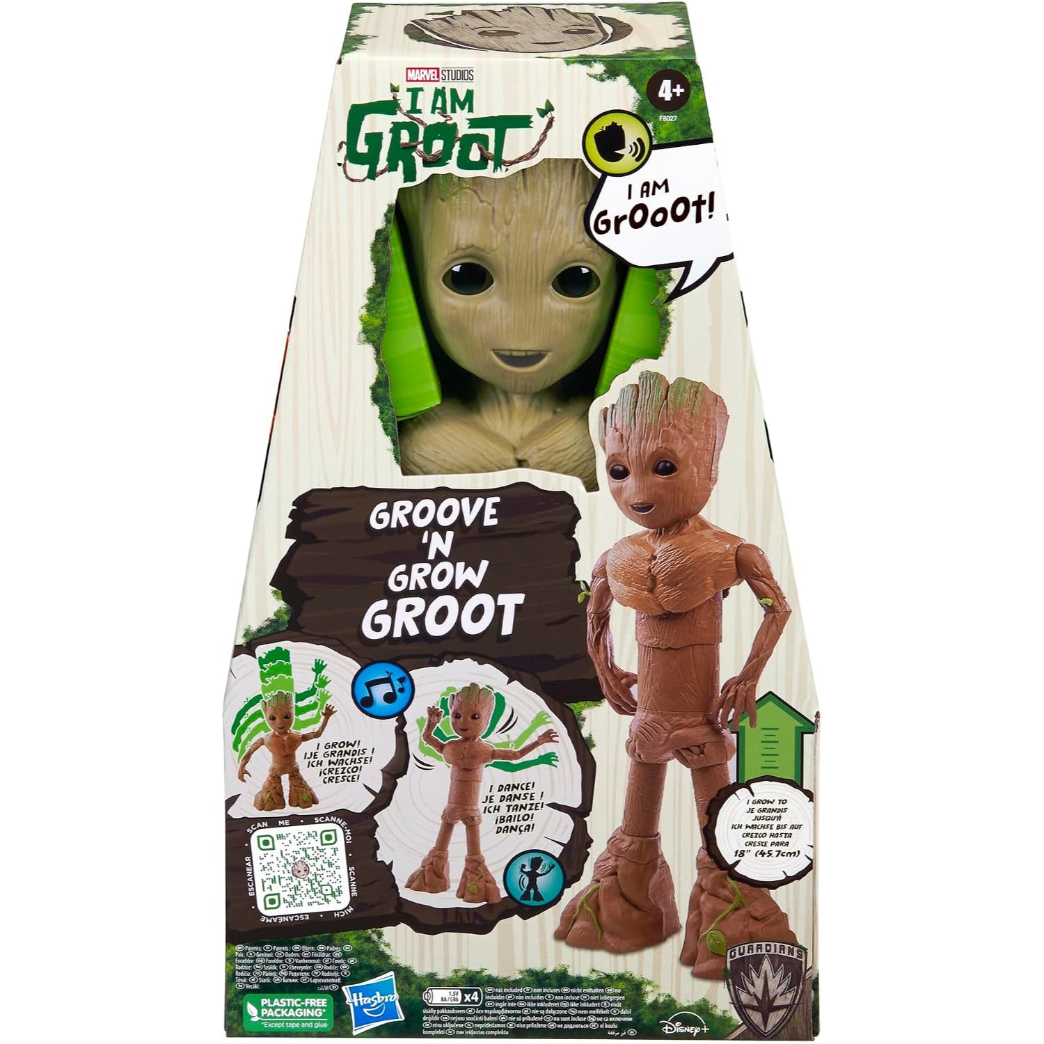 Figura de Groot de Marvel, modelo Groove 'n Grow, en su empaque con detalles coloridos.