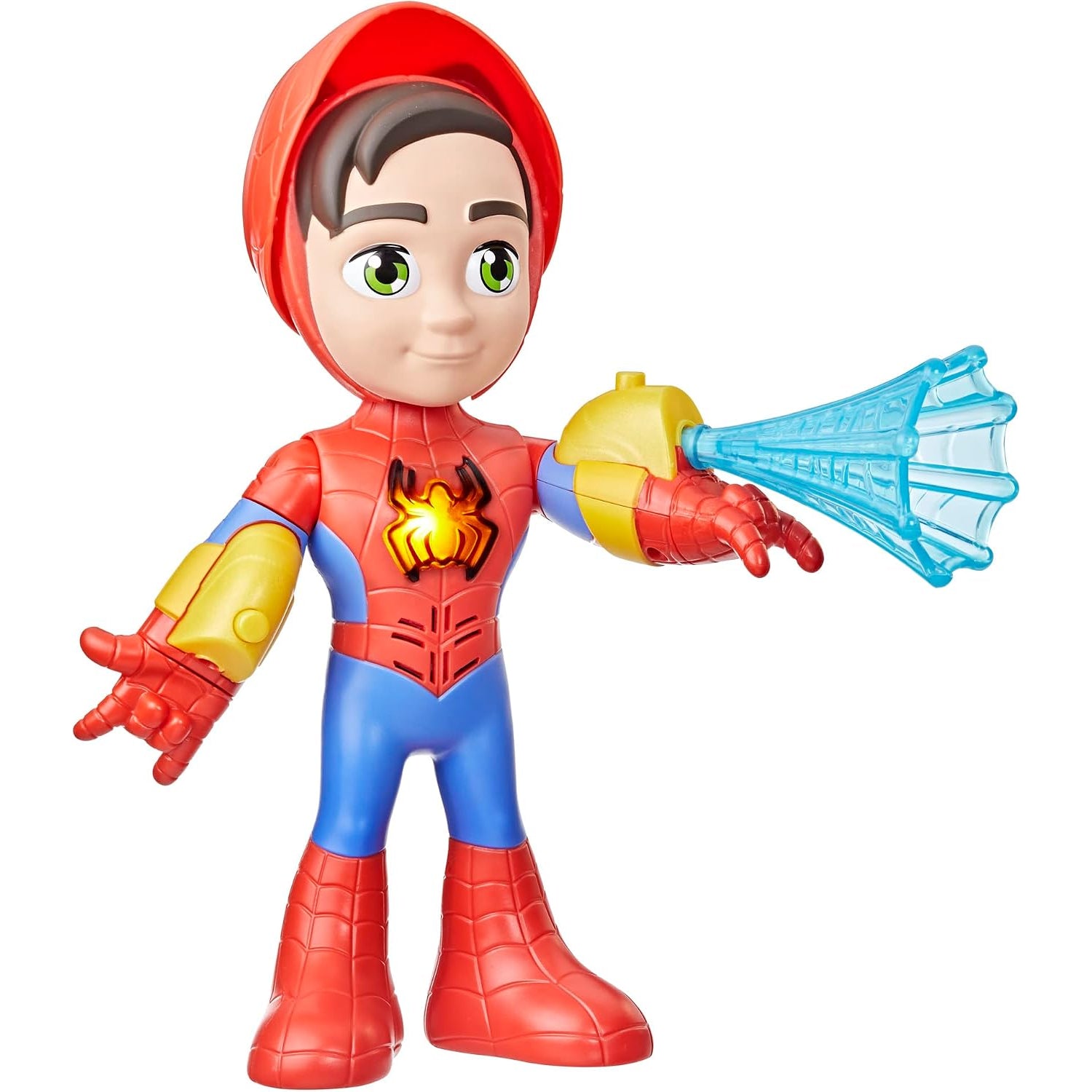 Muñeco de Spiderman de Hasbro con traje rojo y azul, disparador azul en mano