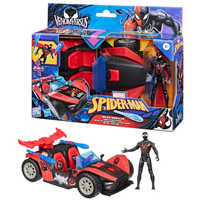 Carro rojo de Marvel Spider-Man con figura de Miles Morales, vista frontal y caja.