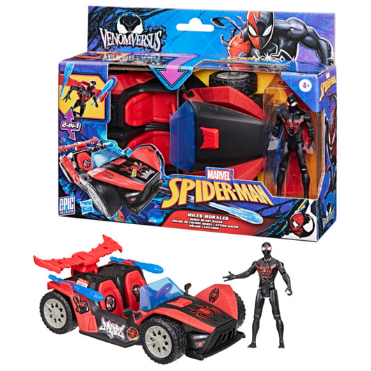 Carro rojo de Marvel Spider-Man con figura de Miles Morales, vista frontal y caja.