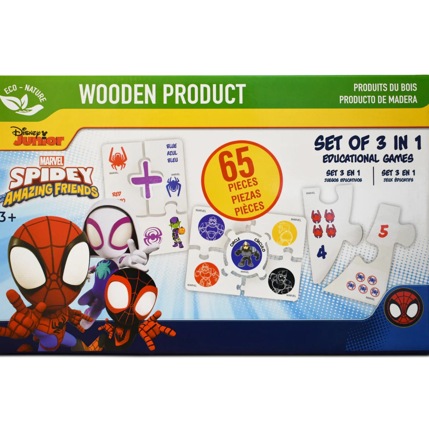 Juego educativo de madera Spiderman, 65 piezas y 3 en 1, con amigos de Marvel