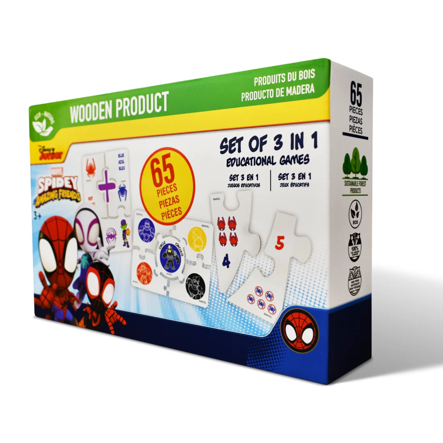 Juego educativo de madera Spiderman, 3 en 1, 65 piezas, caja frontal
