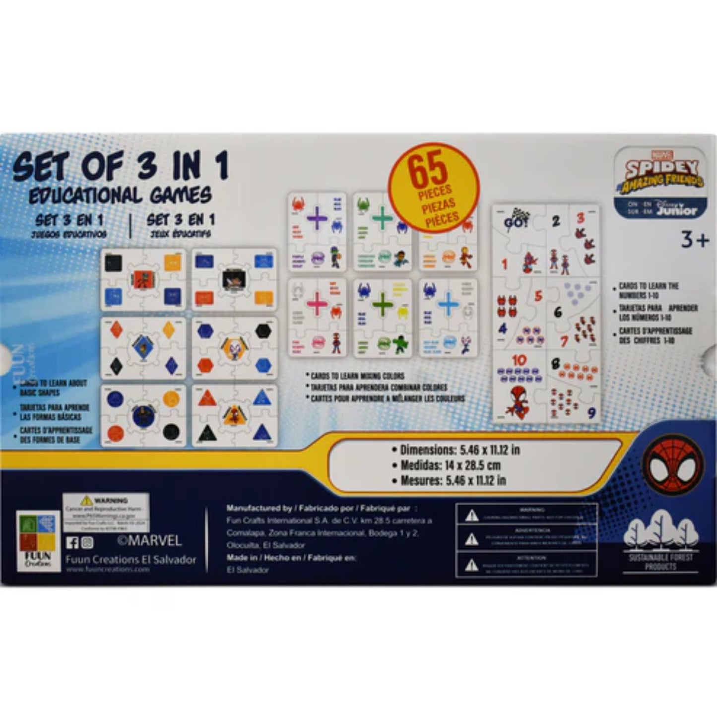 Juego educativo Spiderman 3 en 1 con 65 piezas, ideal para niños mayores de 3 años