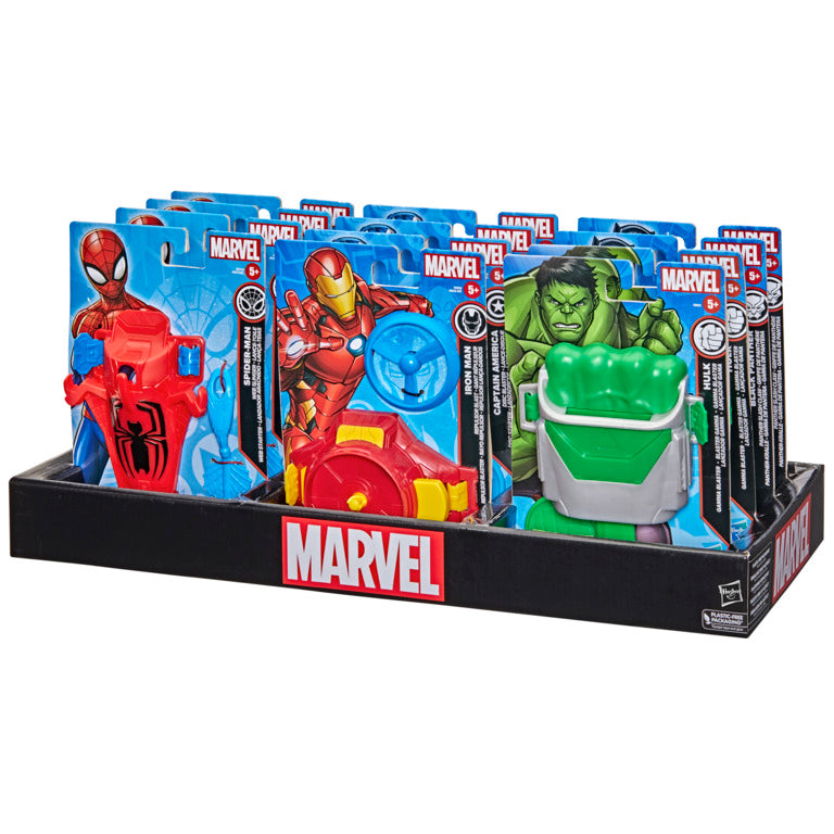 Juguetes Marvel en exhibidor, Spider-Man, Iron Man y Hulk, vista frontal