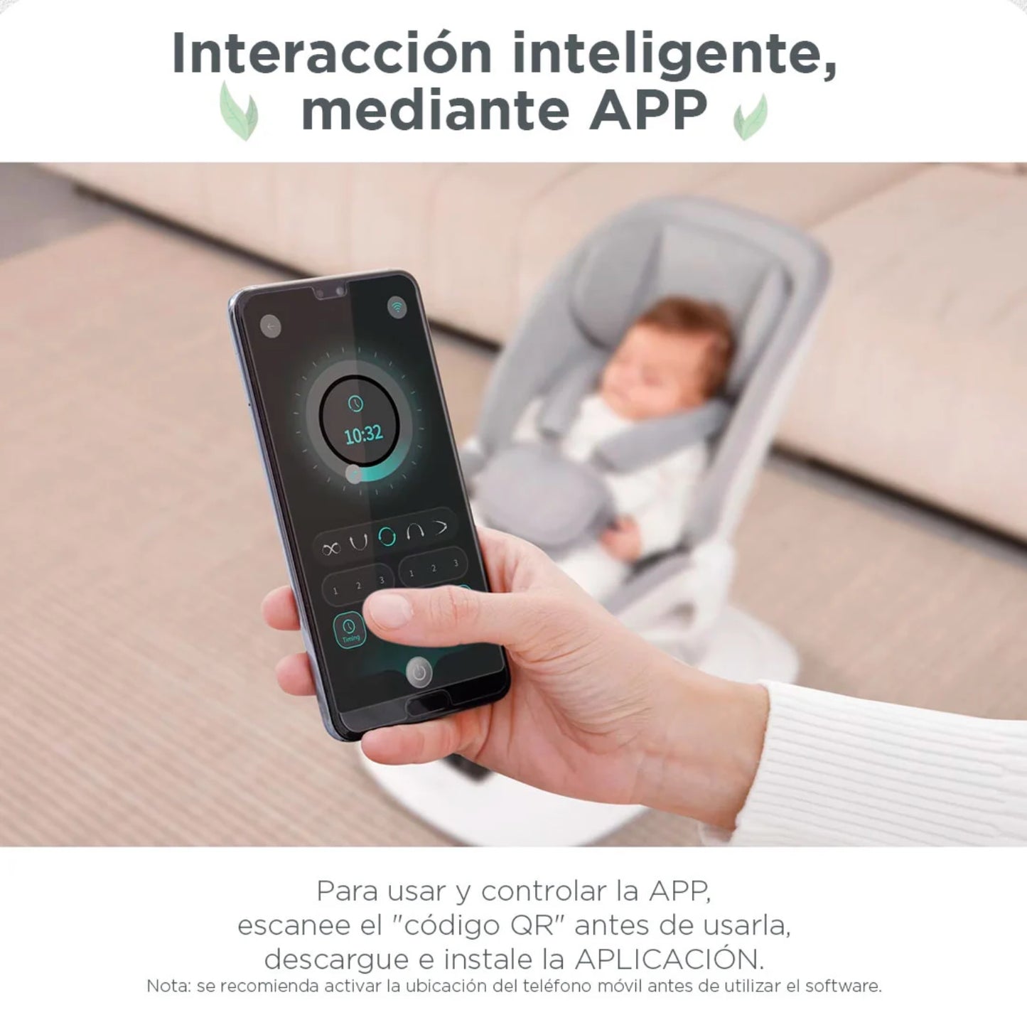 Mecedora KIDILO interactiva con control mediante APP y bebé sentado en ella