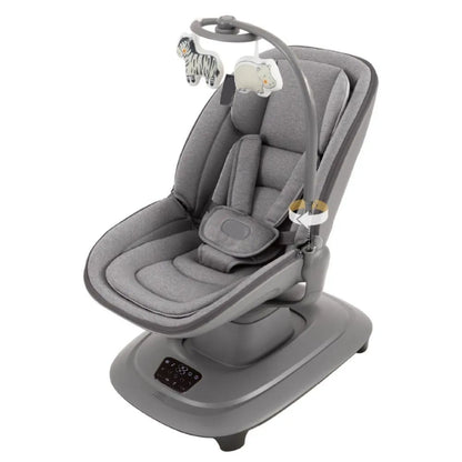 Mecedora gris KIDILO con juguetes colgantes y diseño ergonómico, habitación infantil