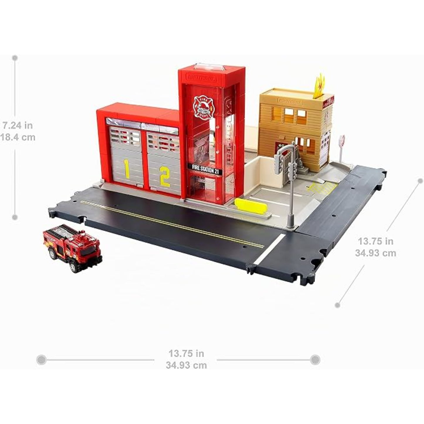 Juego de ciudad MATTEL con camión de bomberos y estación de coches Matchbox en detalle