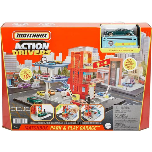 Garaje Matchbox Park & Play con coches matchbox, vista frontal y detalles urbanos