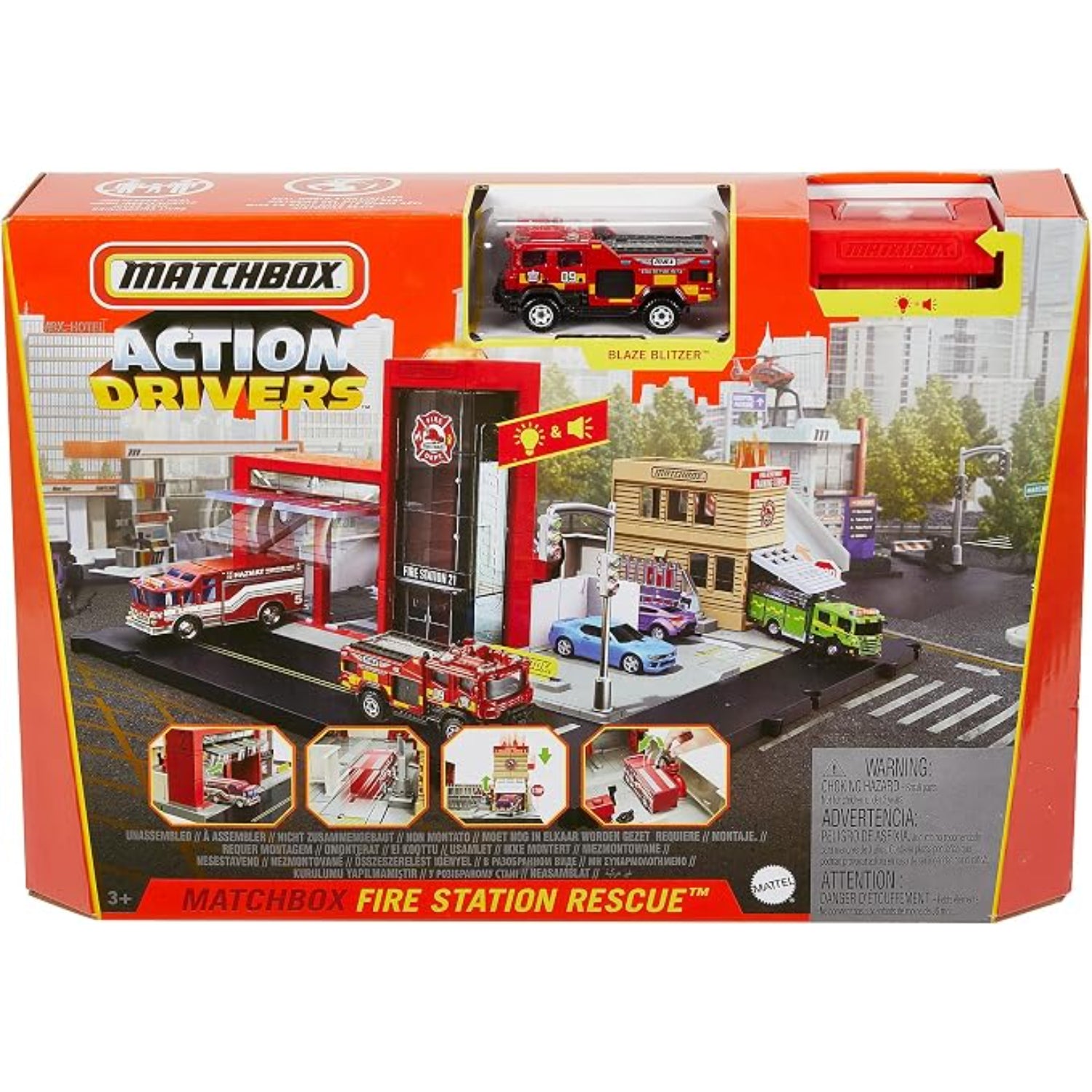 Cabina de bomberos Matchbox roja con coches matchbox y accesorios de rescate