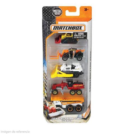 Set de vehículos Matchbox de construcción, colores variados y detallados, vista frontal del paquete