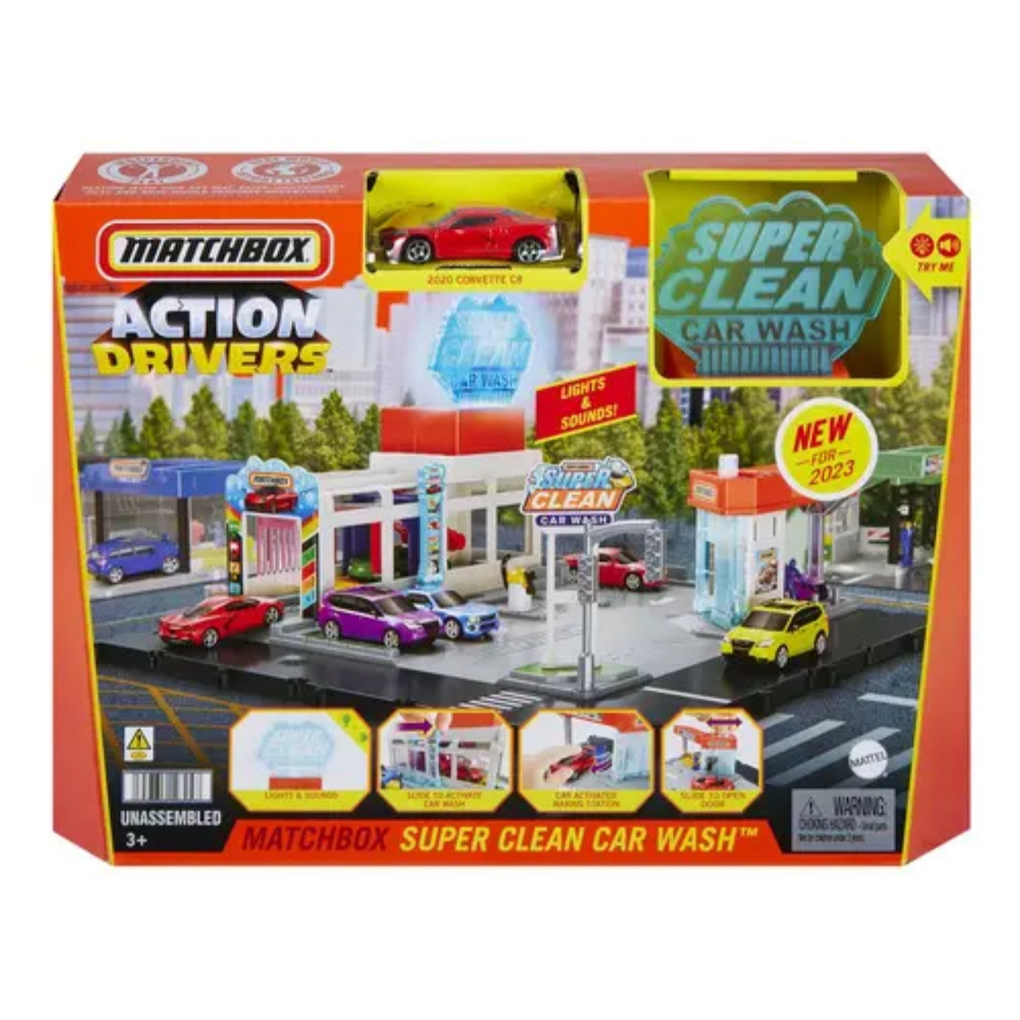 juguete Matchbox Super Clean Car Wash, vista frontal, con coches y luces
