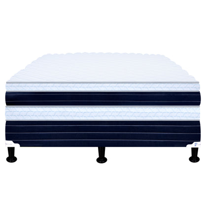 colchón LL04 blanco y azul, vista frontal con patas, adecuado para dormir cómodamente