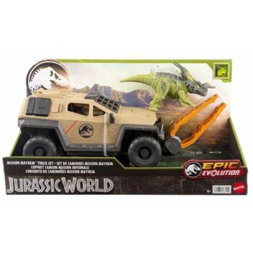 camión Jurassic World color beige, vista lateral con dinosaurio