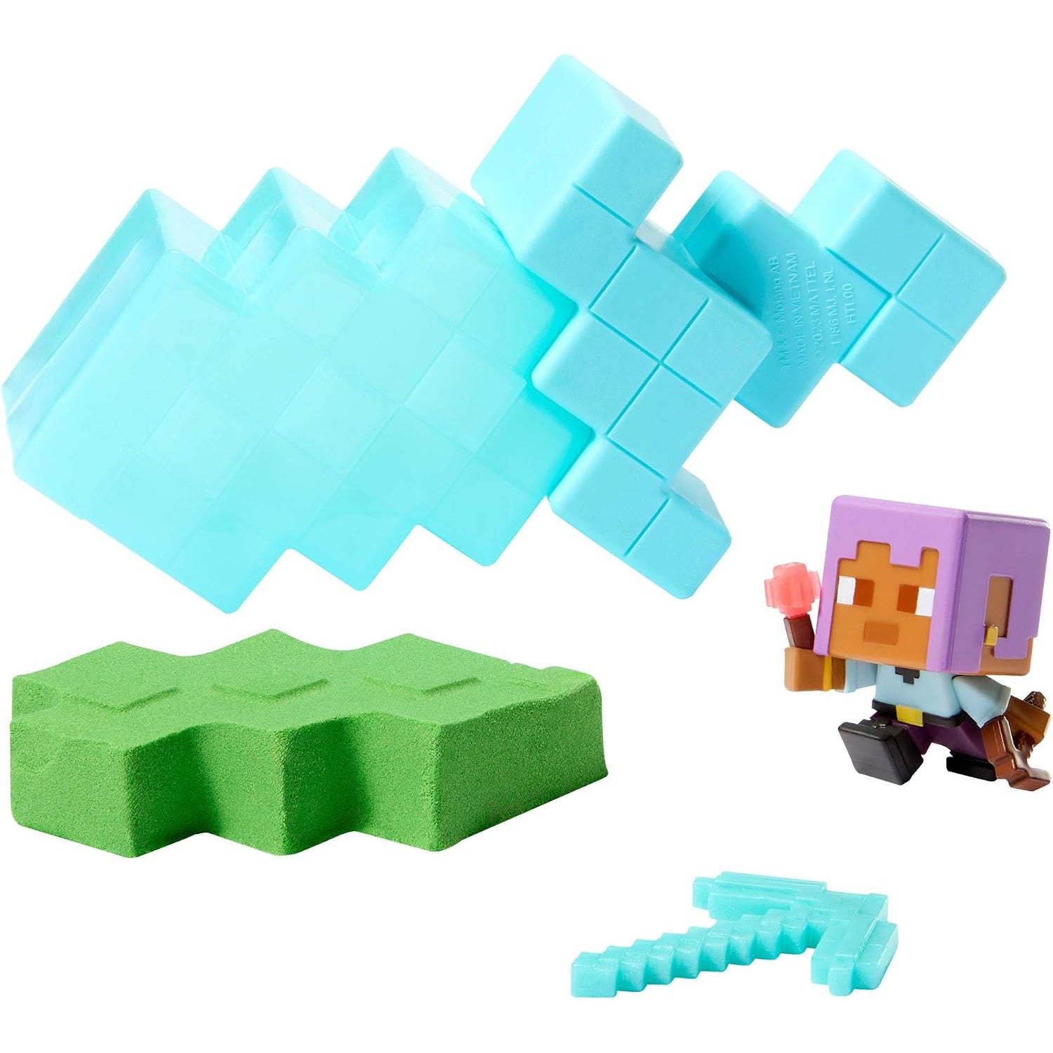 Juguete de bloques de color azul y figura de personaje tipo Minecraft