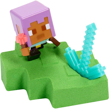 Figura LL0308 de MATTEL, personaje con cabello morado y espada, en base verde