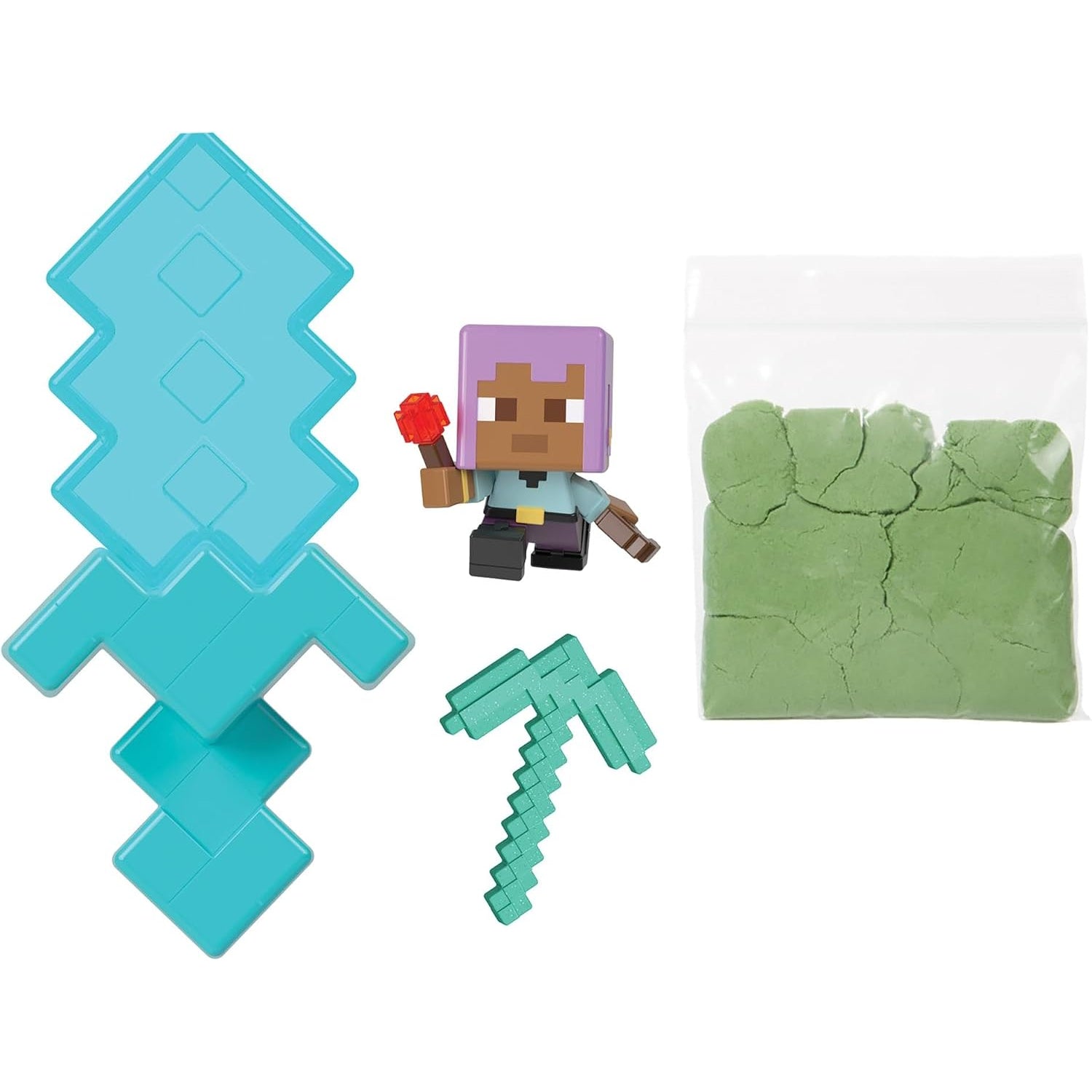 Juego de construcción Minecraft, figura, herramientas y masa verde, vista completa