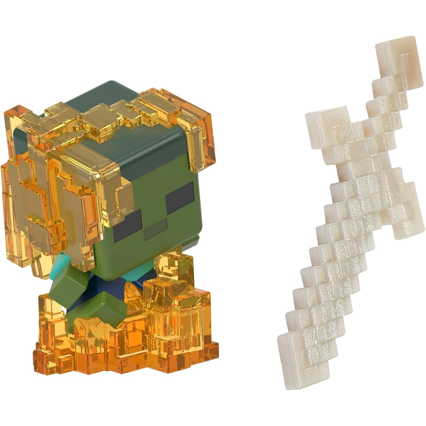 Figurita de Minecraft, personaje verde con detalles naranjas y espada, vista lateral