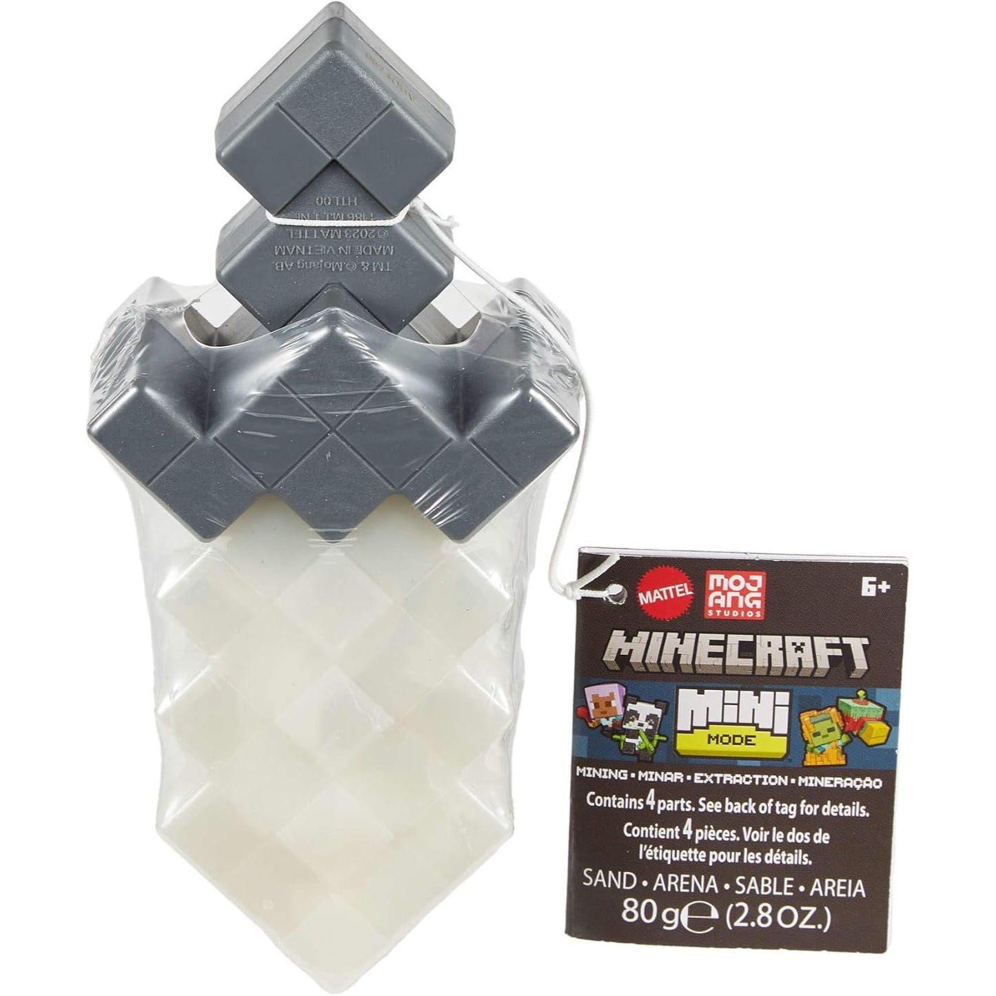 Juego de bloques Minecraft Mini, color gris y blanco, con etiqueta y vista frontal