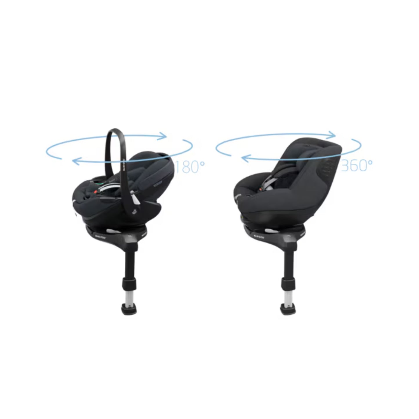 Silla de auto Maxi Cosi base giratoria 360 grados, vista lateral y frontal en color negro