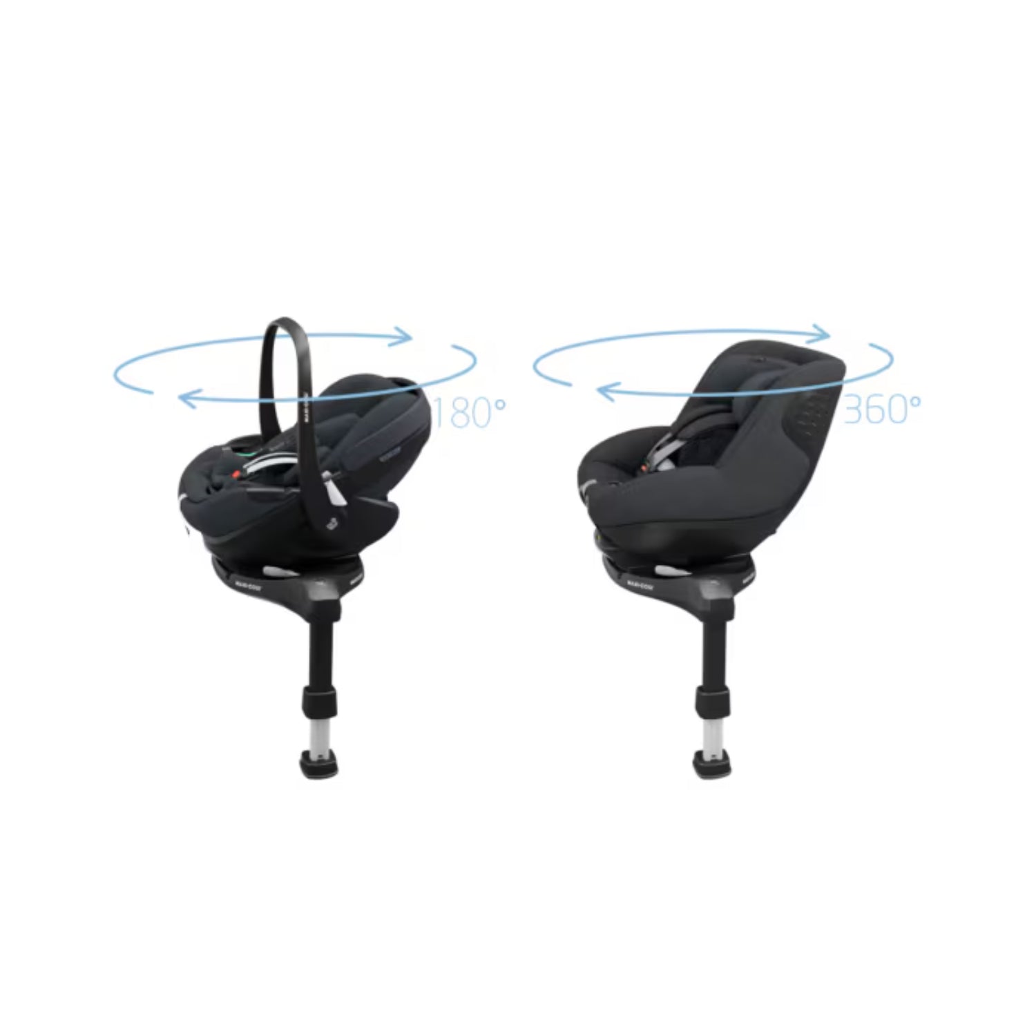 Silla de auto Maxi Cosi base giratoria 360 grados, vista lateral y frontal en color negro