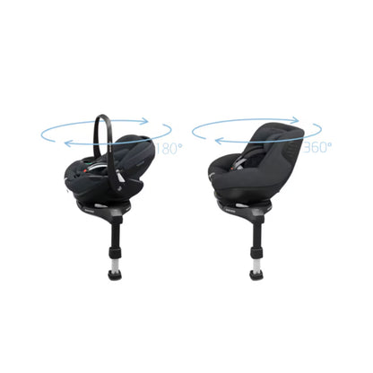 Silla de auto Maxi Cosi base giratoria 360 grados, vista lateral y frontal en color negro