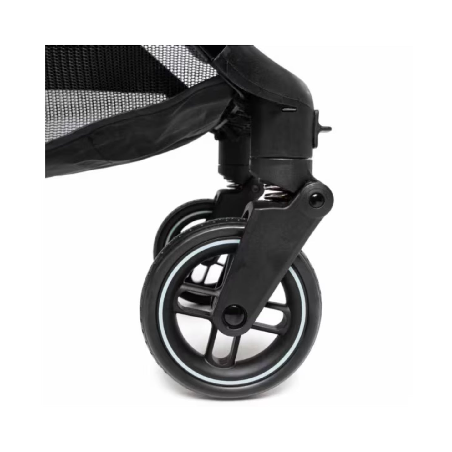 Rueda negra de carrito de bebé MAXI COSI, vista lateral, ideal para paseos en coche.