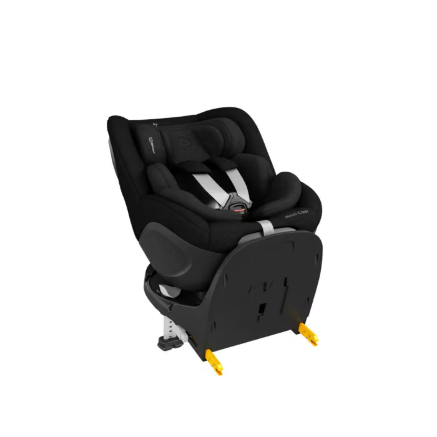 Silla de auto negra MAXI COSI, vista lateral, ideal para seguridad infantil.