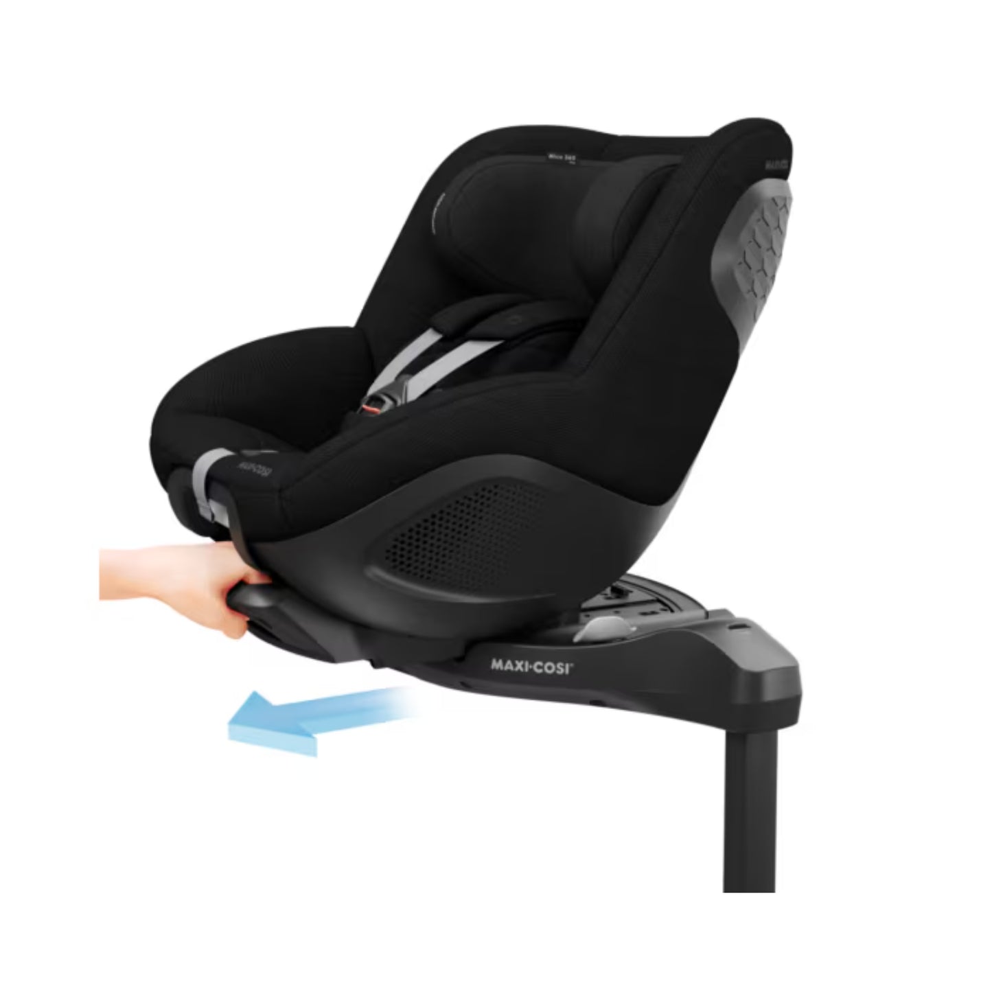 Silla de auto MAXI COSI negra, vista lateral, instalación en base