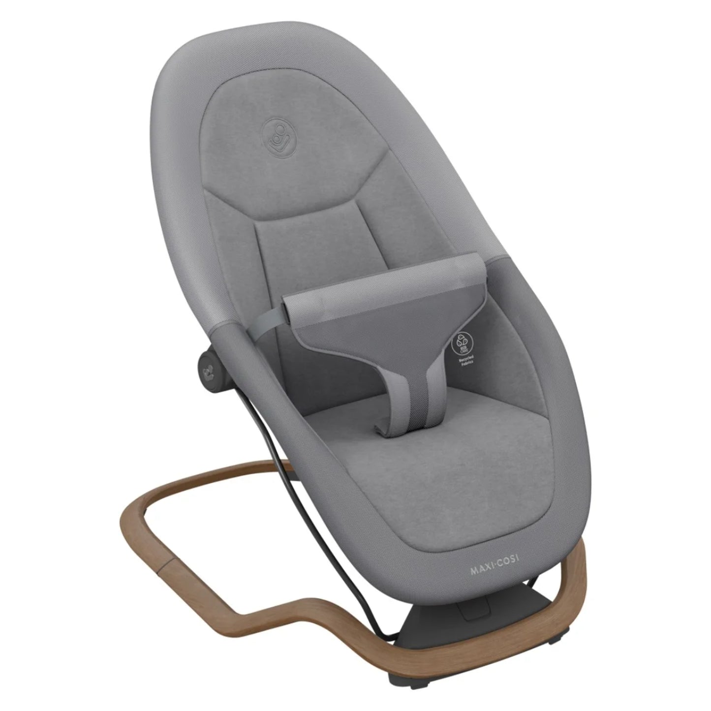 Mecedora MAXI COSI gris con base de madera, vista lateral en habitación infantil