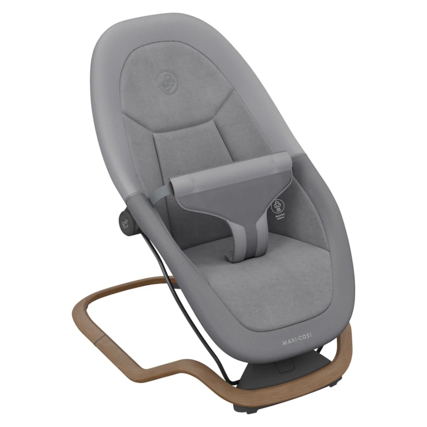 Mecedora MAXI COSI gris con base de madera, vista lateral en habitación infantil