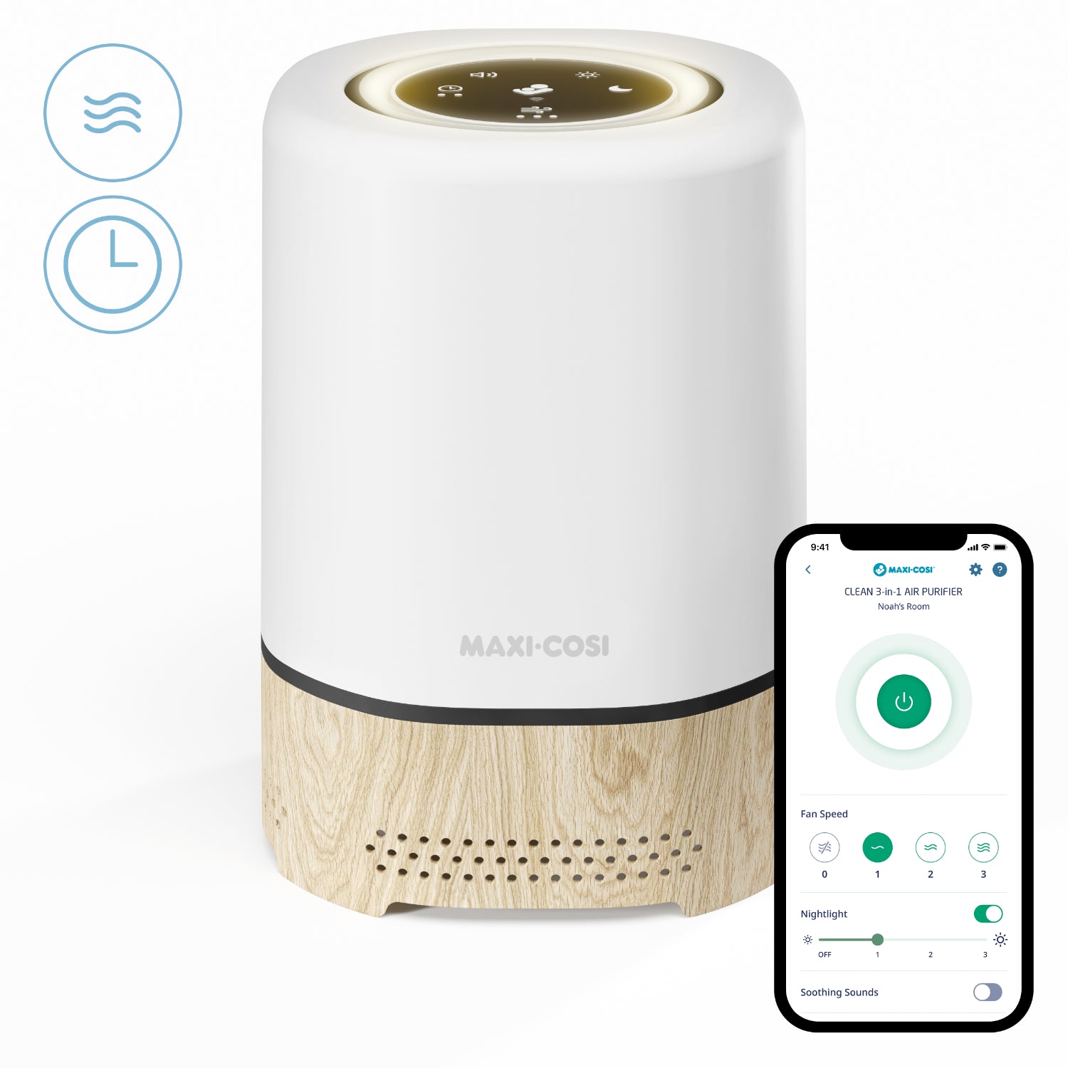 Purificador MAXI COSI blanco, vista frontal con controlador móvil