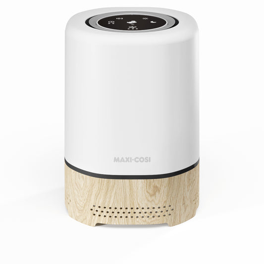 Purificador blanco MAXI COSI con base de madera, vista frontal