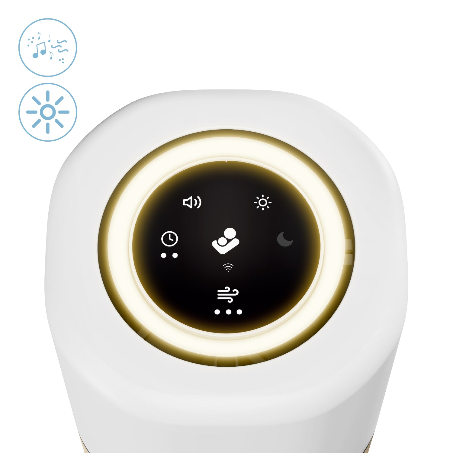 Purificador blanco, vista superior con controles táctiles iluminados